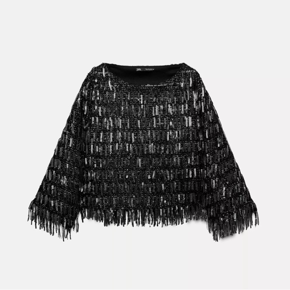 Zara Black Sequin Fringe Blouse - Picture 3 of 9